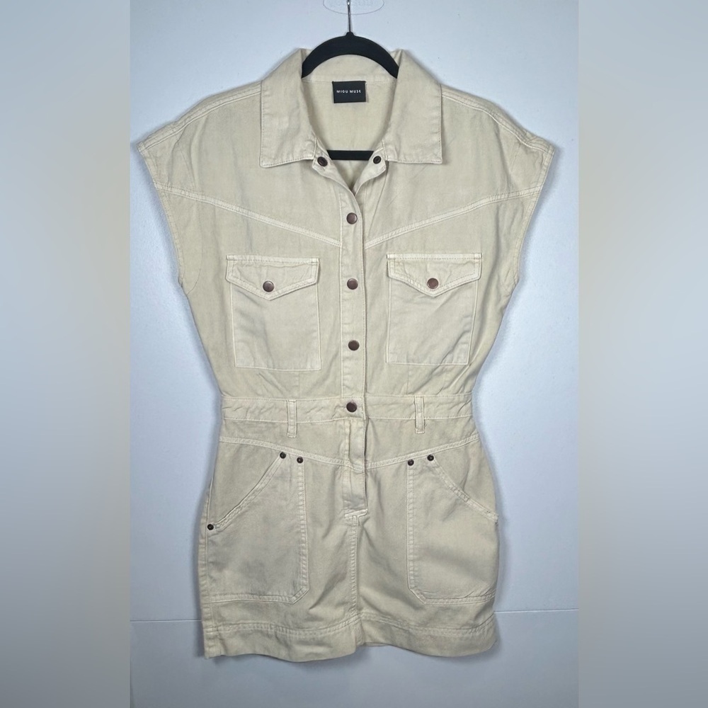 Miou Muse Cream Denim Mini Dress Romper. Size M.